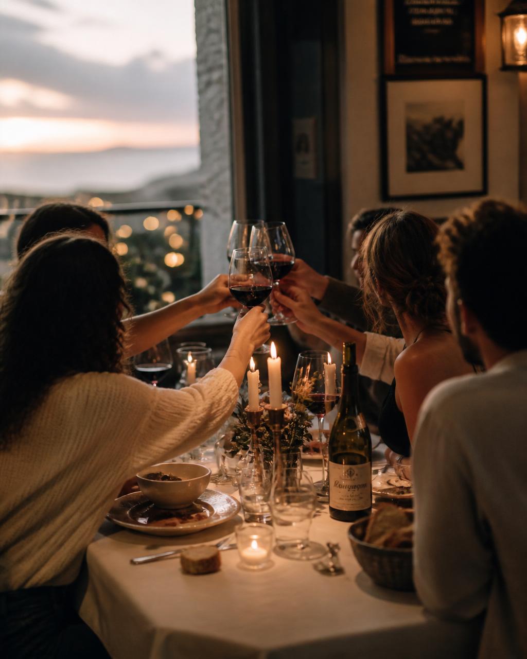 Six convives trinquent autour d'une table dressée à la bougie dans un bistrot breton au coucher du soleil